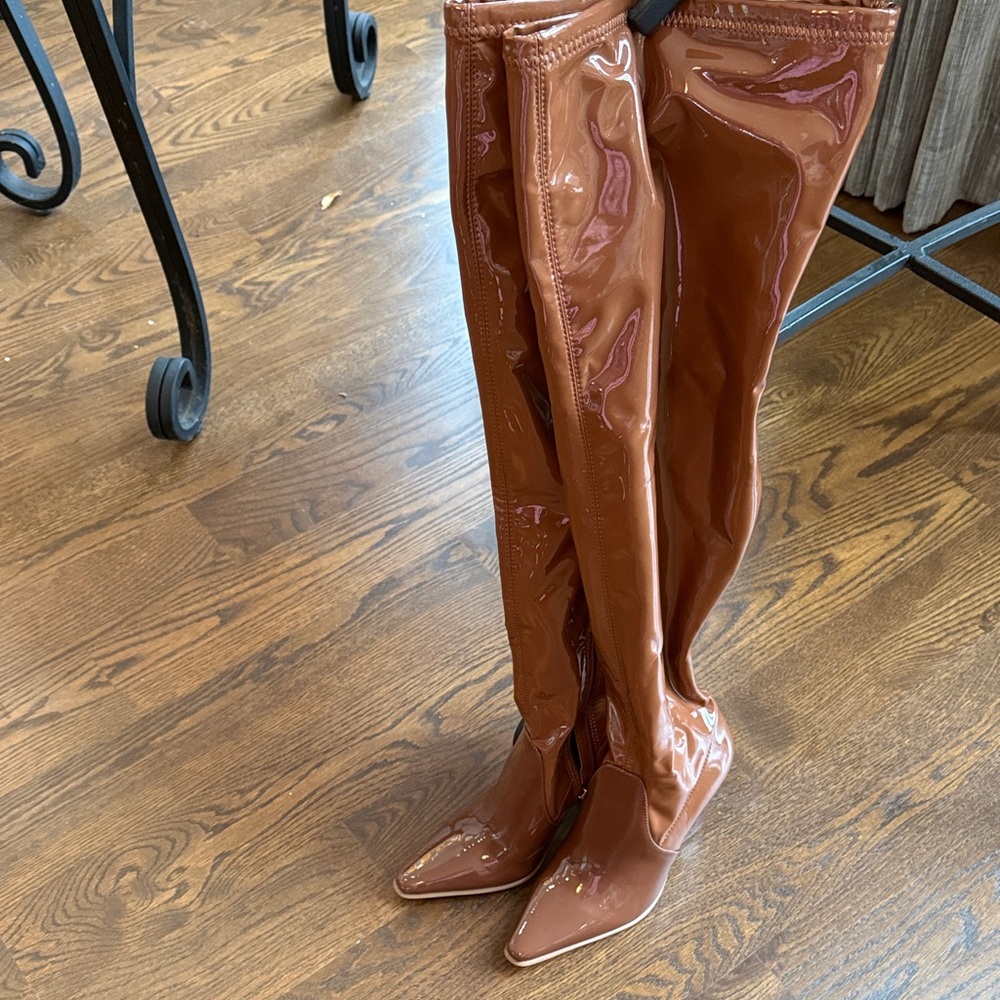 Brown Patent Leather Over-the-Knee Boots